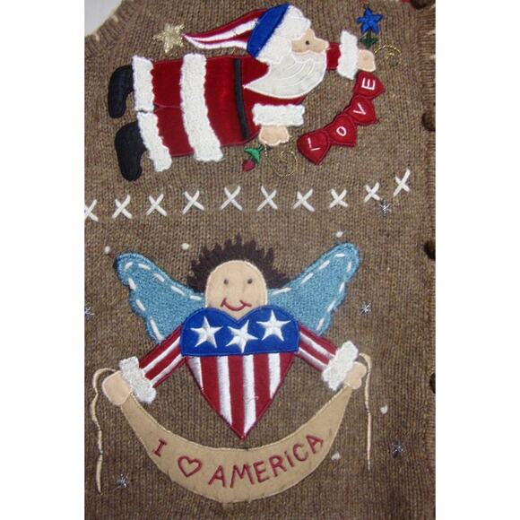 Designer Originals Christmas VEST Sleeveless Sweater USA Theme SZ L Santa Angels - Picture 4 of 6